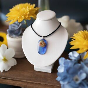 Bright & fun blue yellow pink abstract flower fused glass pendant necklace gift